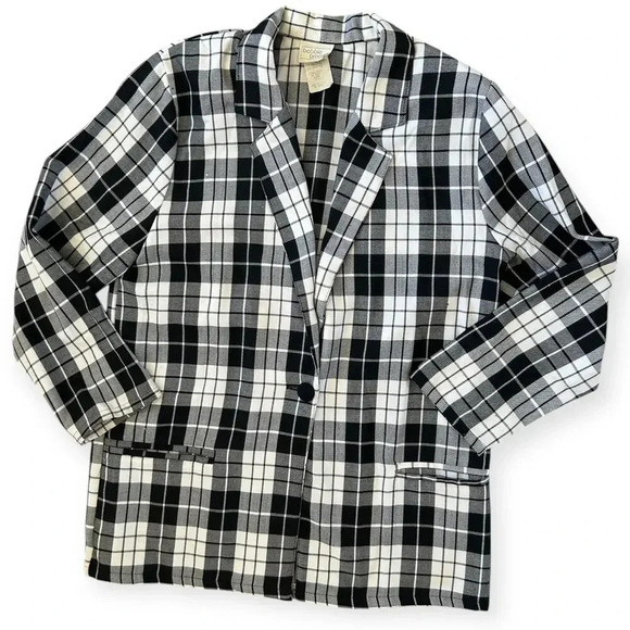 Vintage 90s Bobbie Brooks Light Black Cream Tartan Plaid Oversized Blazer 12/14 - Picture 4 of 11
